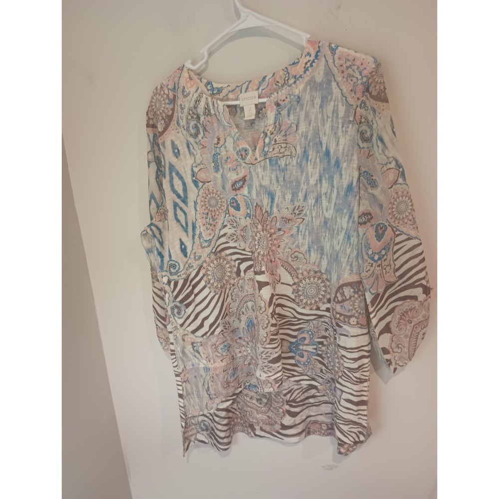 Chicos Womens Size 2 L Paisley Floral Animal Print Split Neck Tunic Blouse Top